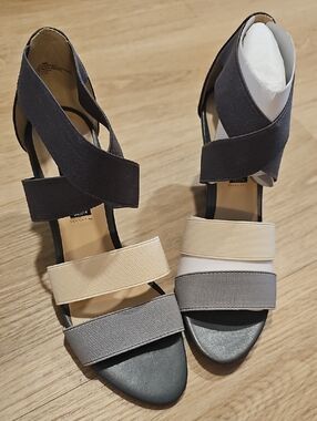Steven By Steve Madden Tri-Band Elastic Strappy Heels in Black, Gray, and Cream